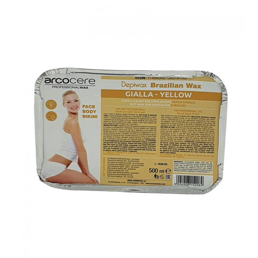 Cera a Caldo Gialla senza strisce Brasiliana Depiwax vaschetta alluminio da 500 ml - ARCOCERE